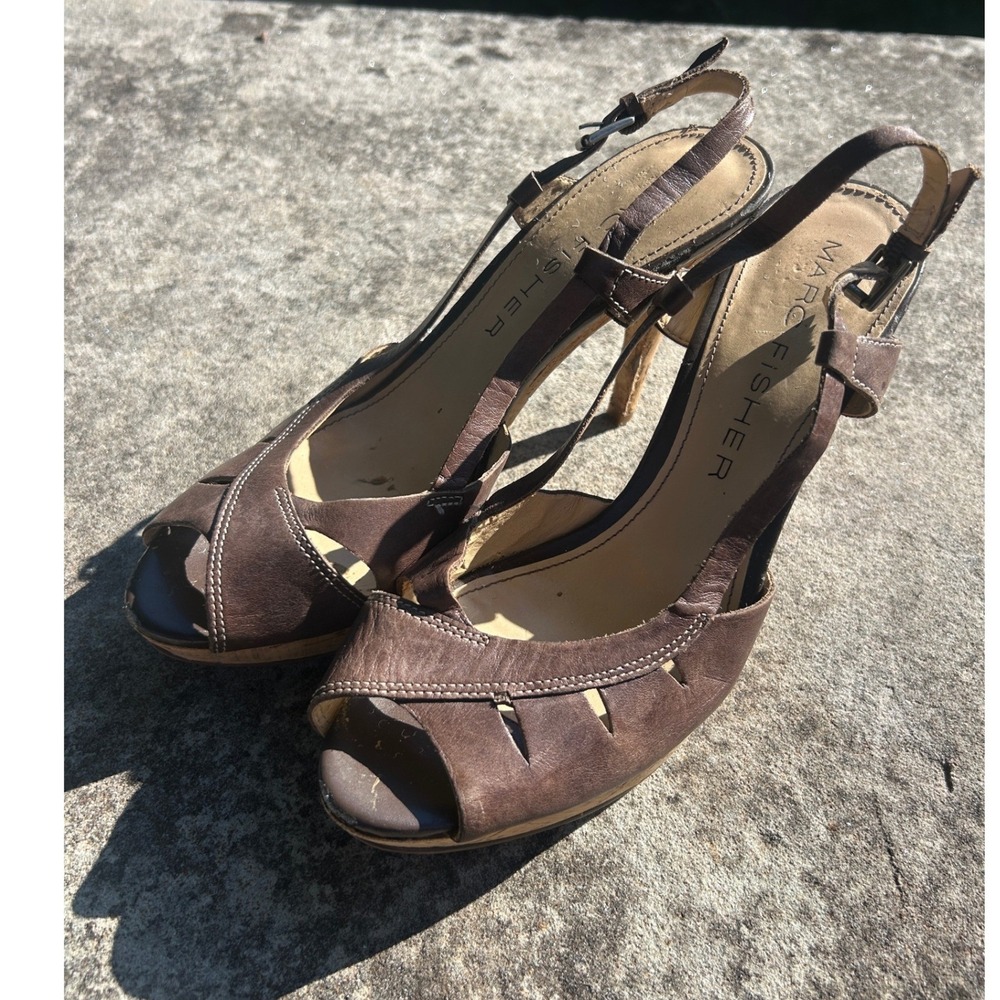 Marc Fisher Brown Leather Platform Slingback Heels Peep Toe Y2K Stiletto